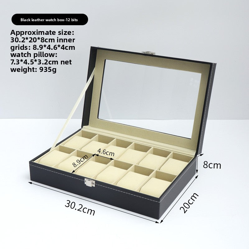 Leather Watch Box with Glass Top and Soft Pillows